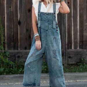 Three Bird Nest Boutique High Hopes Slouchy Denim Overalls XL Oversized
